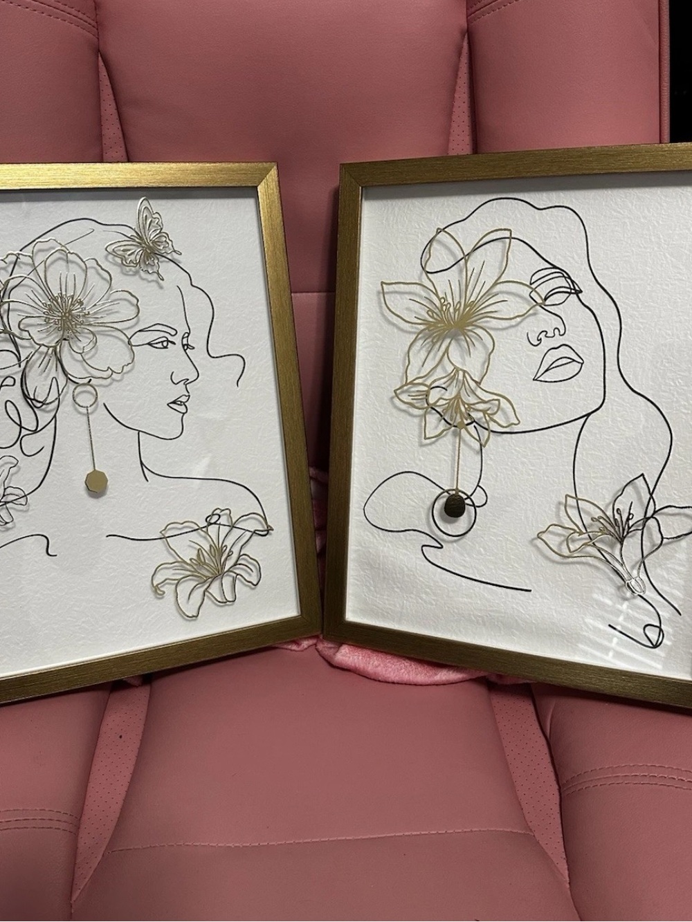 Set of 2 Gold Framed Line Art Floral Portrait Prints - White & Gold